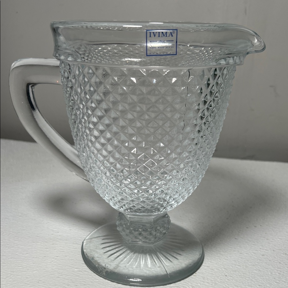 Vintage 50's Clear Glass Pitcher Ivima Hobnail Diamond Point Made Portugal